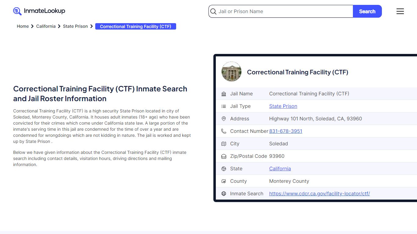Correctional Training Facility (CTF) Inmate Search - Soledad California ...